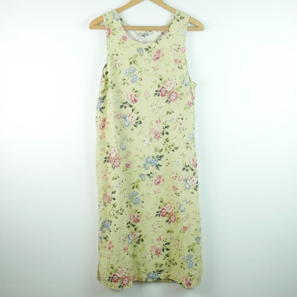 Vintage 90s Linen Blend Midi Dress M Butter Yellow Floral Cottagecore Prairie